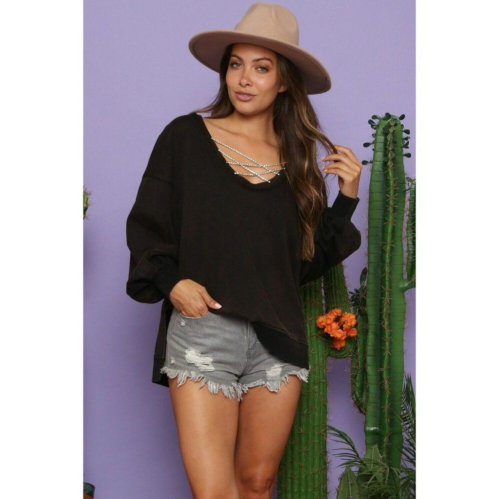 Fantastic Fawn Black Diamond Jewel Criss Cross Long Sleeve Top IFKT51915-01